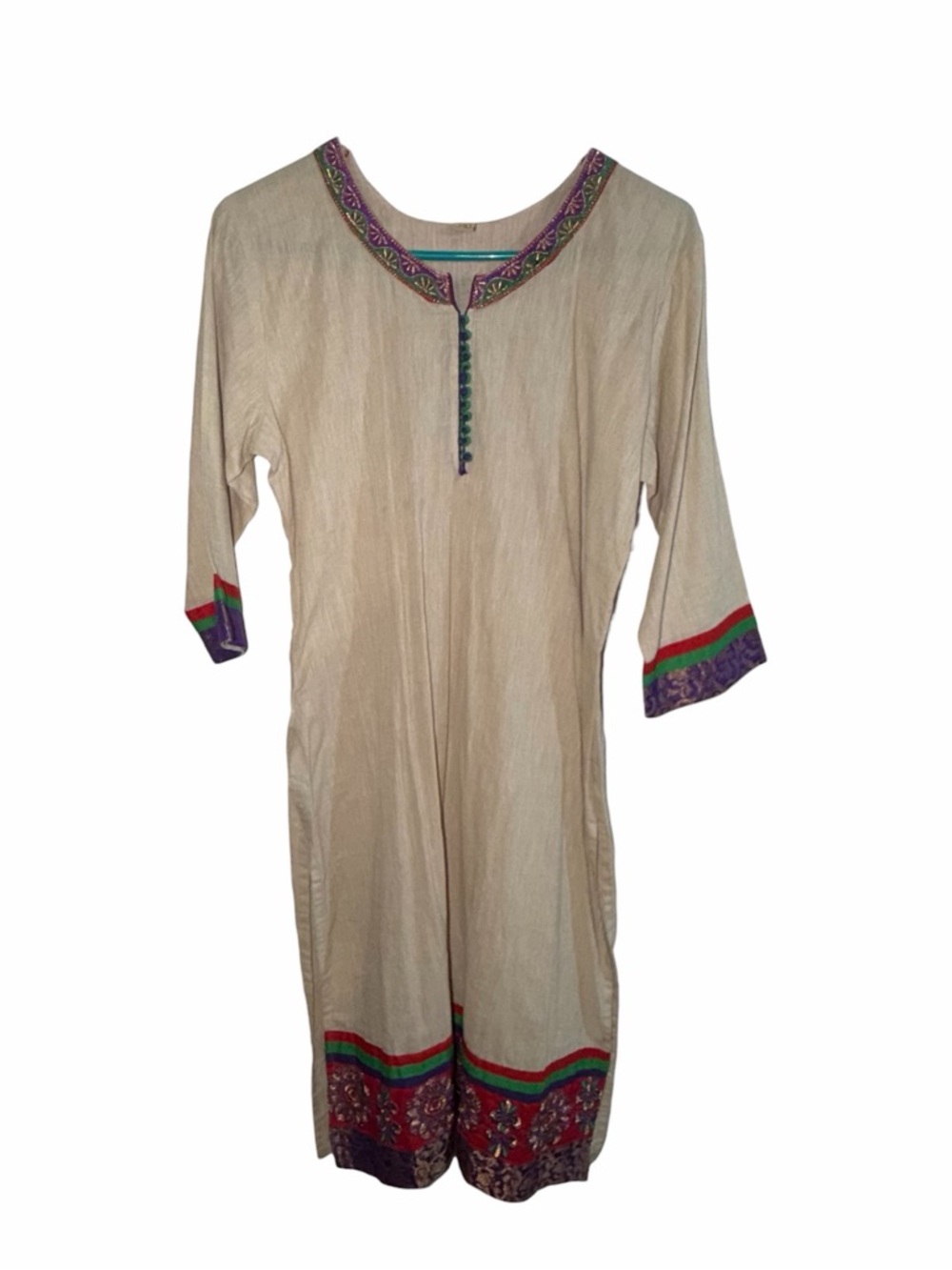 Women’s Vintage Embroidered Kurta Tunic Dress Tan Boho Size Small